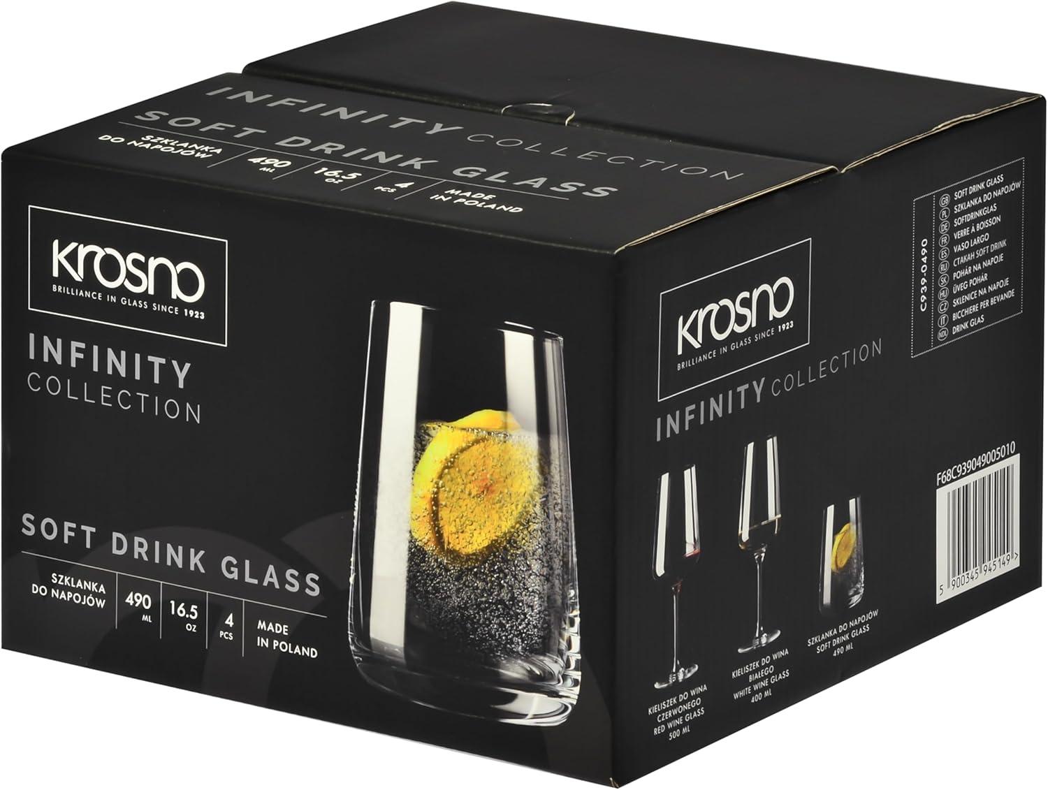 Krosno Water Glasses, Set of 6, Capacity 20 fl oz, Infinity Collection, Thin Highball Glasses,Clear Tall Glass Cups For Water, Juice, Drinks, and Cocktails, Dishwasher Safe, Made in Europe