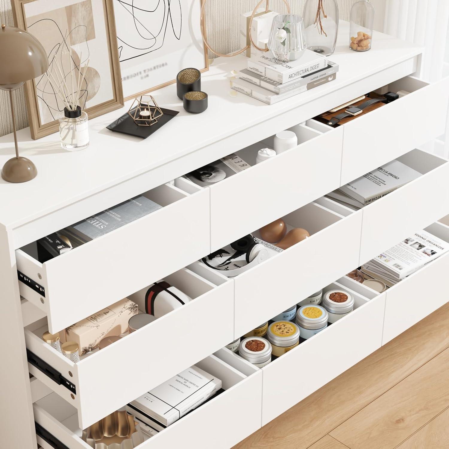 FUFU&GAGA White Modern Dresser for Bedroom 9 Drawers Wood Chest of Drawers