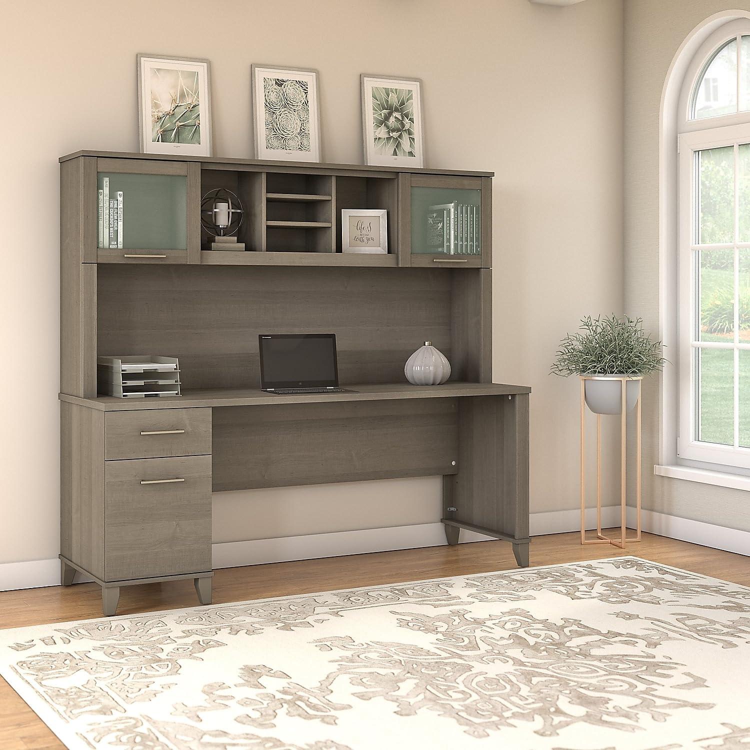 Bush Furniture Somerset 72" Desk and Hutch with Storage, Sand Oak