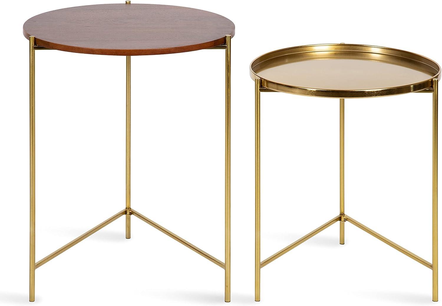 Kate and Laurel Ulani Round Wood Nesting Table, 2 Piece, Walnut Brown and Gold