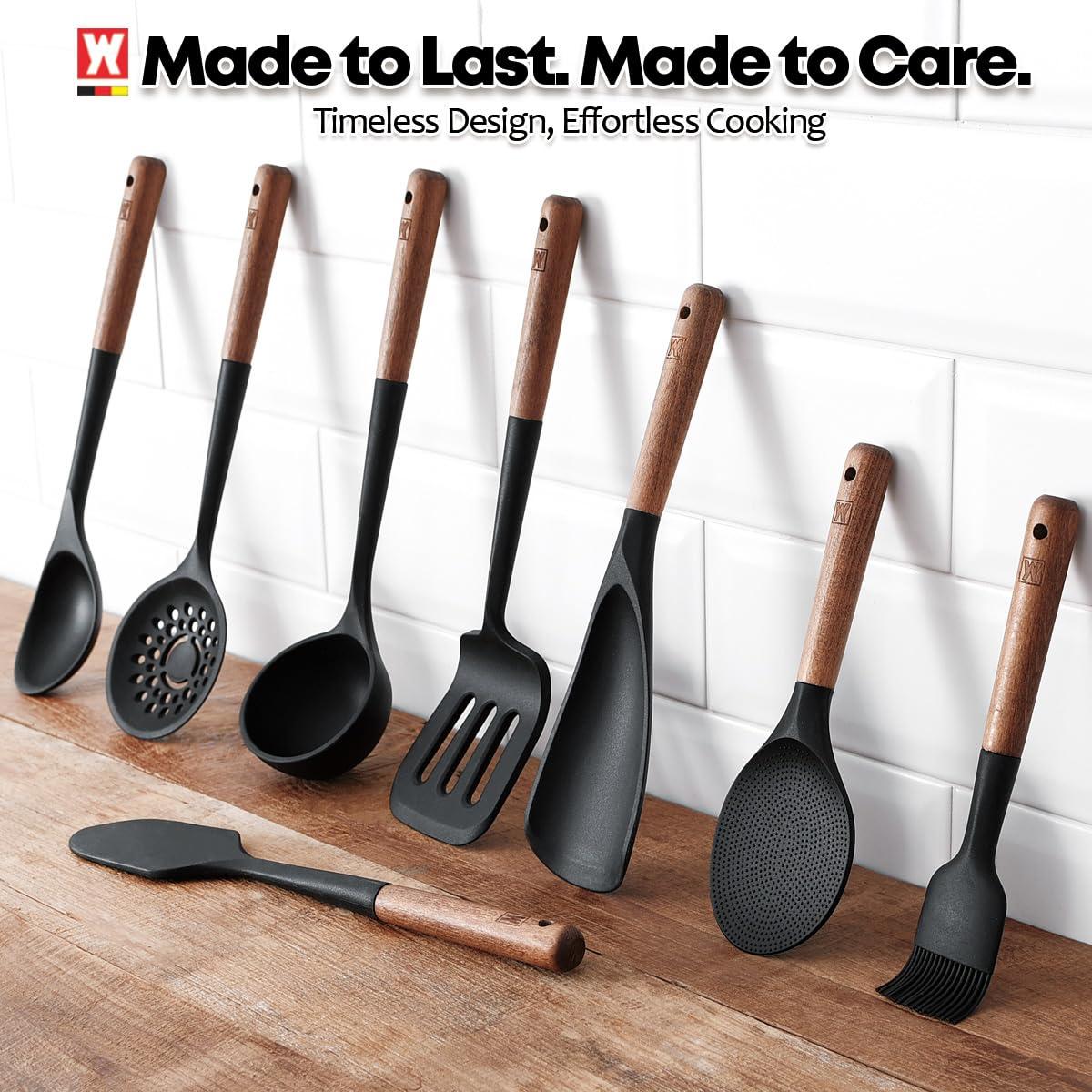 Silicone Head cooking & Serving Spoon + Slotted Spatula Set: Cookling Utensil with Long Wooden Handles, Heat Resistant Cookware, Protects Surfaces with Gentle Head Design