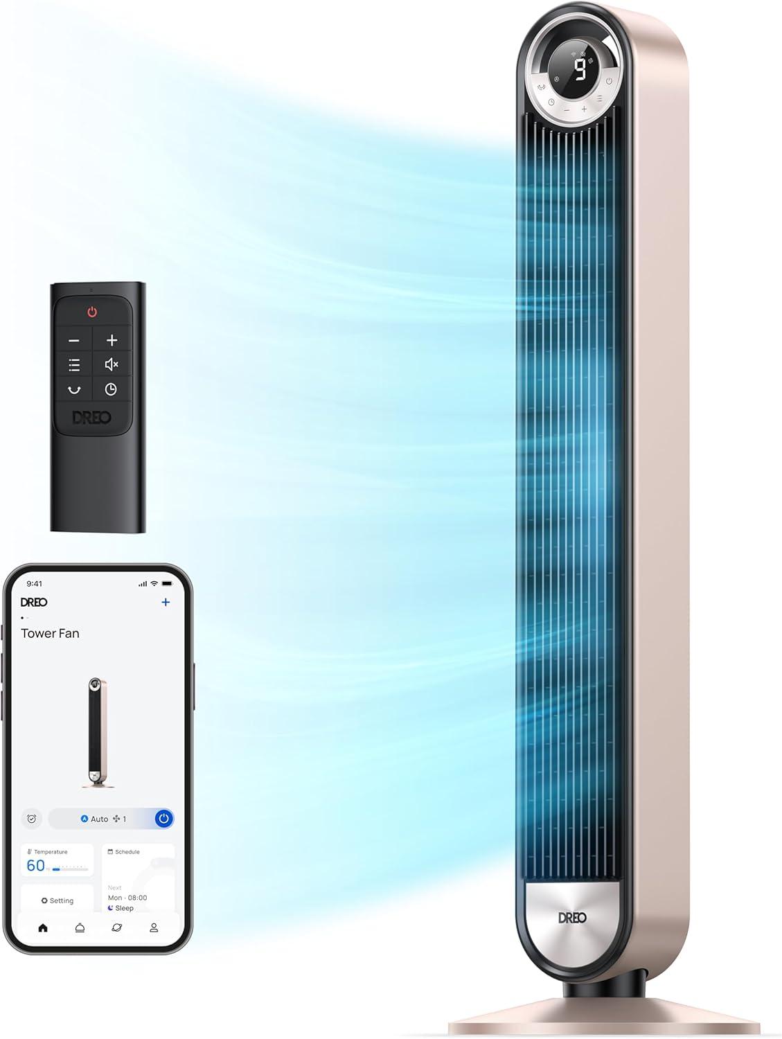 Dreo Tower Fan for Bedroom, 90° Oscillating Standing Fan with 28ft/s Velocity, 25dB Quiet for Sleep, DC Motor, 9 Speeds, 4 Modes, 12H Timer, Voice & APP & Remote Control, 42" Cruiser Pro T2 S
