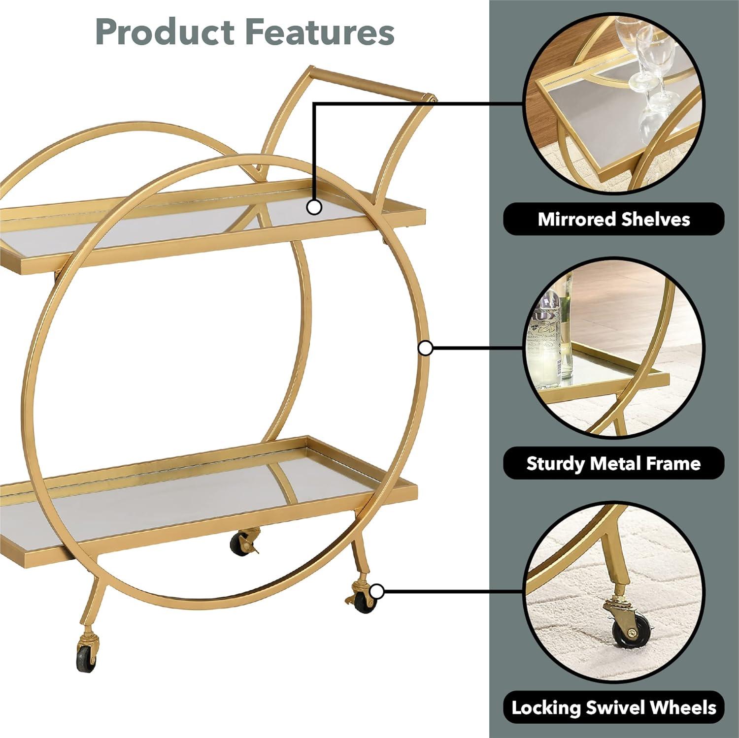 Bar Cart, 2 Tier Mobile Mini Bar, Kitchen Serving Cart and Coffee Station with Storage for Liquor, Metal and Mirror, Use for Home Kitchen Club Living Room, 27"x14"x28"