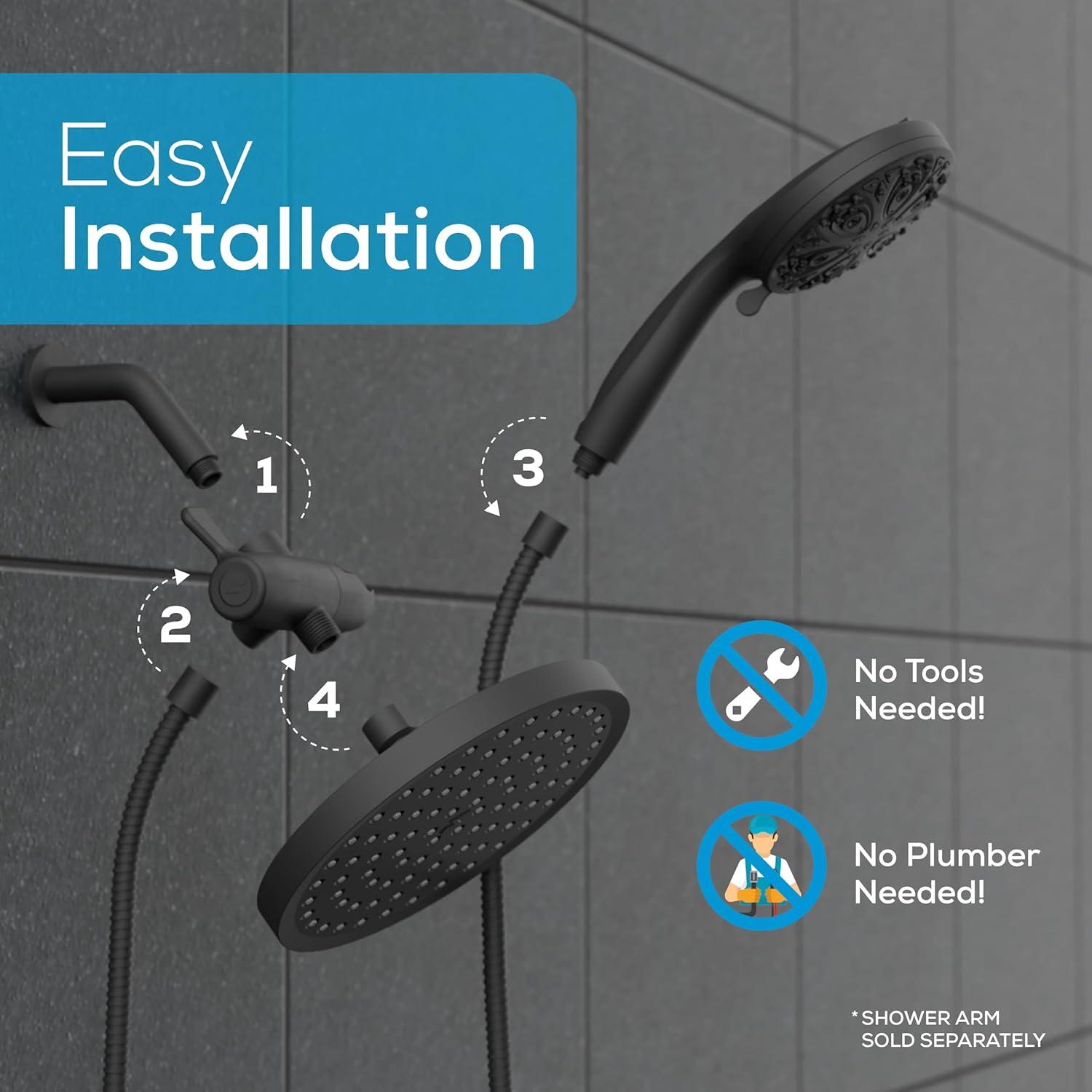 SparkPod Dual Shower Head - 8'' High Pressure Rain Shower Heads with Handheld Spray Combo - Rainfall, Handheld & Dual Mode - Easy Install 3-Way Showerhead with Hose & Holder (Midnight Black Matte)