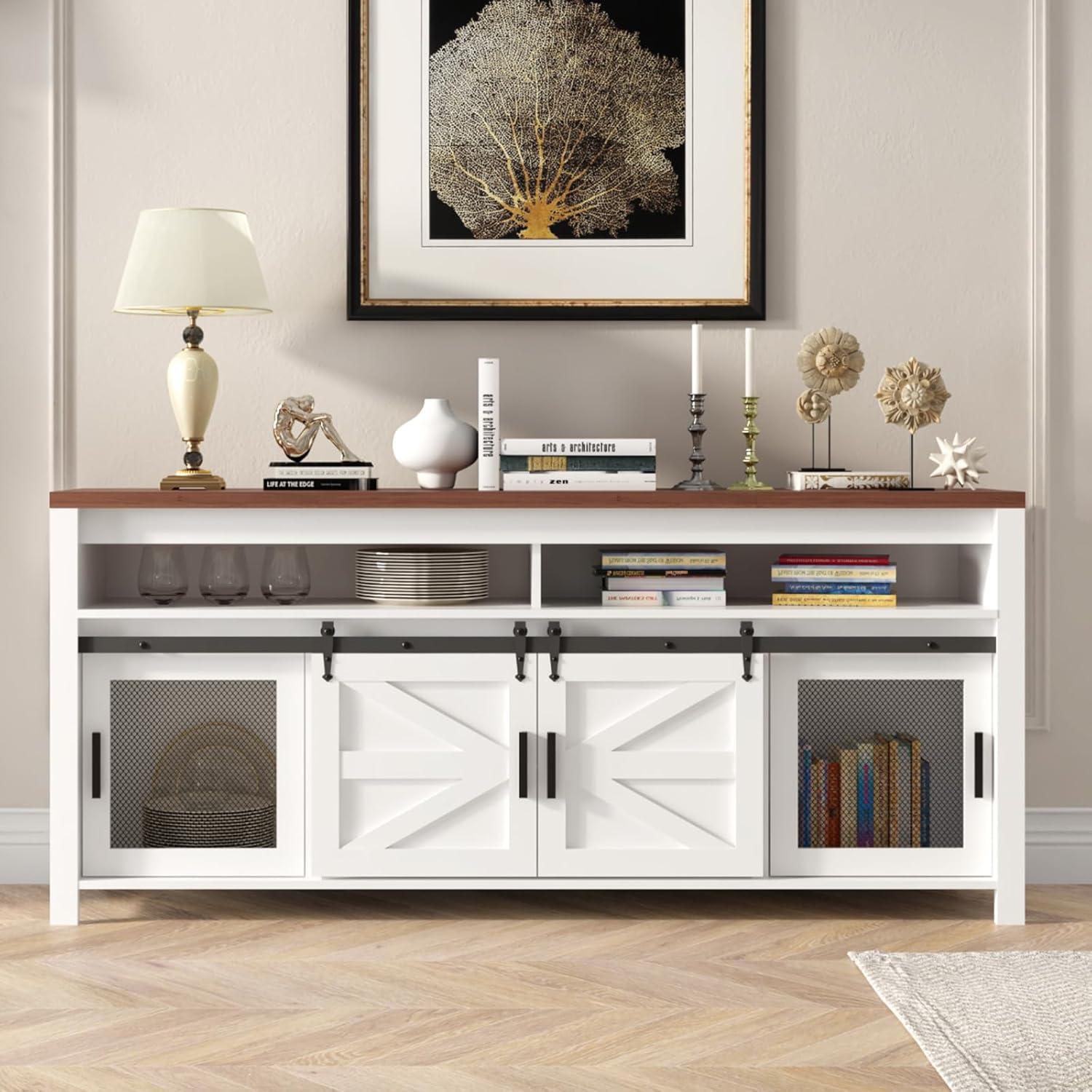 White and Brown Wood Farmhouse TV Stand with Sliding Barn Doors