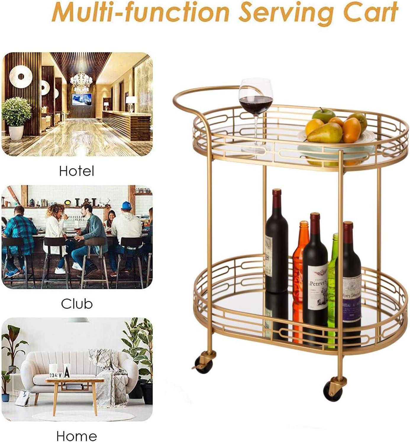 Glitzhome 29.5" H Round Gold Bar Cart with 4 Wheels 2-Tier Deluxe Tray Metal Mirrored Glass Top Rolling Serving Cart for Kitchen Living Room Hotel Wine/Tea Serving Cart
