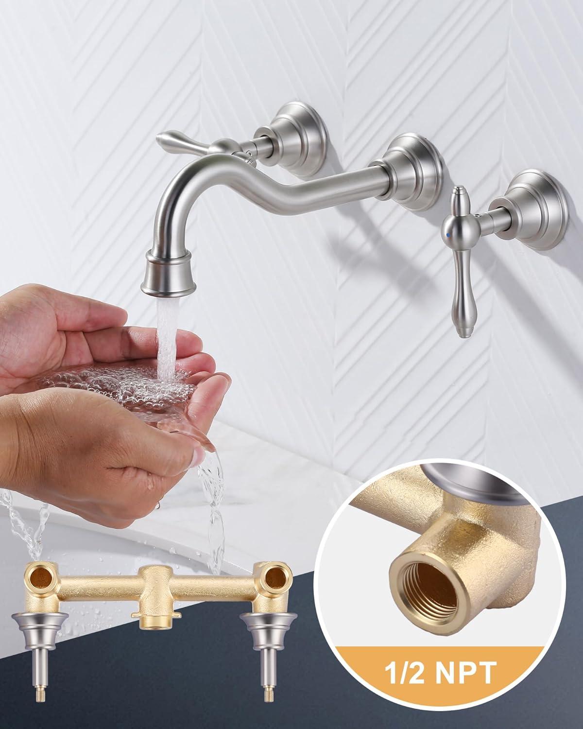 Brushed Nickel Dual Handle Wall Mount Bathroom Faucet