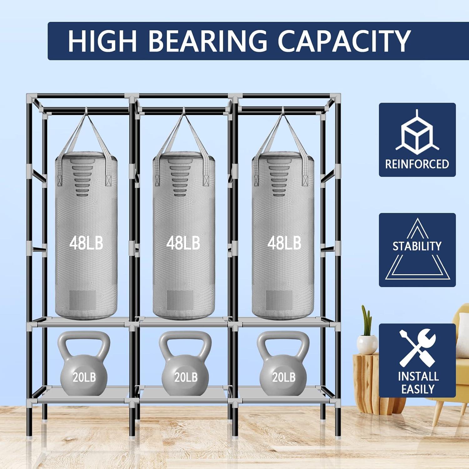 LOKEME Portable Closet, 61-Inch Portable Wardrobe with 3 Hanging Rods and 6 Storage Shelves, Non-Woven Fabric, Stable and Easy Assembly Grey Portable Closets for Hanging Clothes with Side Pockets