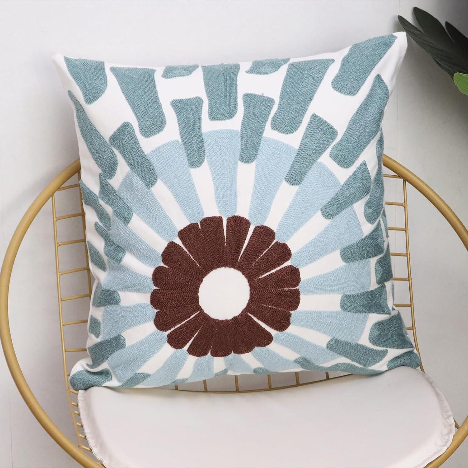 2 PCS Embroidered Throw Pillow Cover Cotton Decorative Square Cushion Cases for Home Sofa Bed and Chair 18 x 18 Inch (Blue Flower-2)