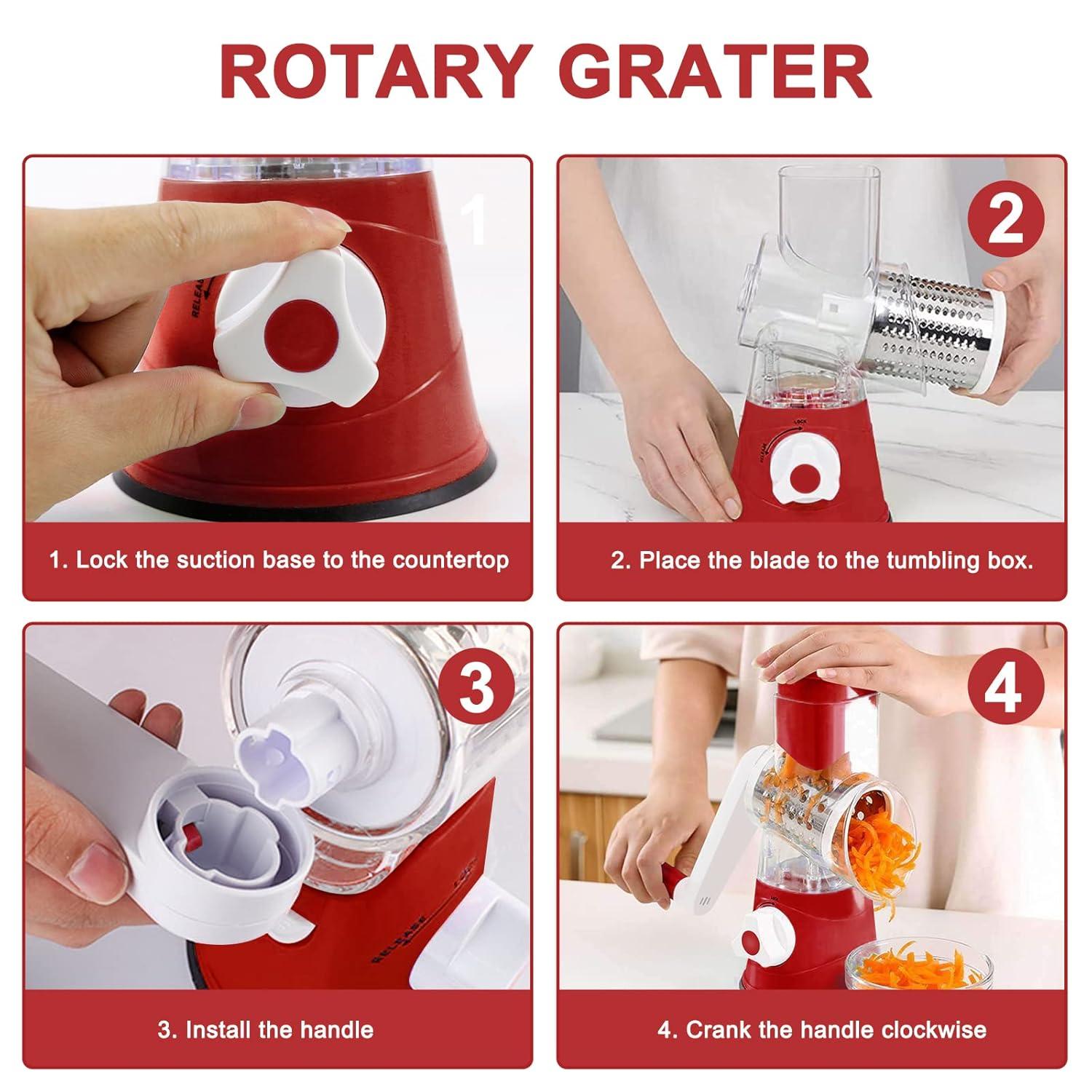 3rd Generation Rotary Cheese Grater, Mandoline Vegetable Slicer with 3 Replacement Blades, Easy to Clean Rotary Shredder for Fruit, Vegetables, Red