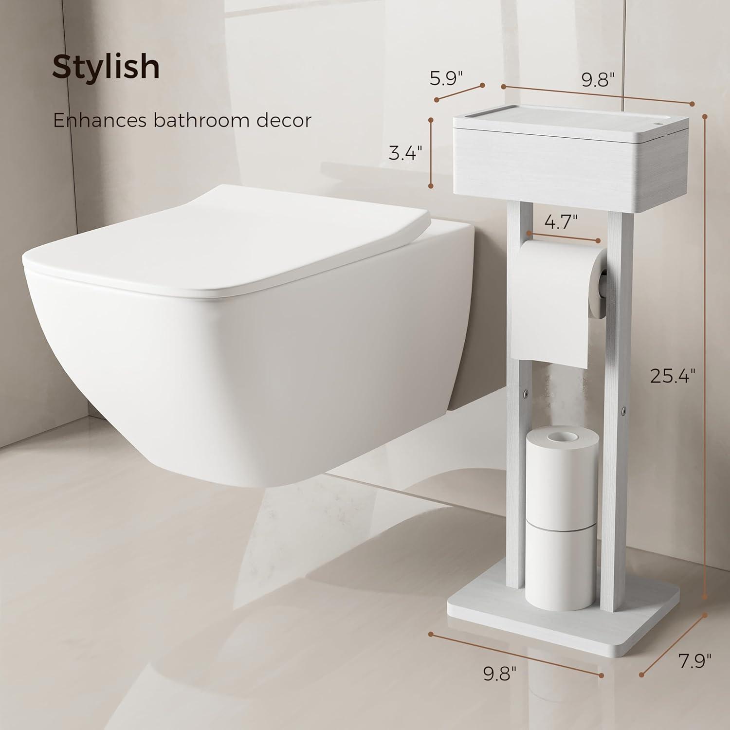 Hokku Designs 4-In-1 Bamboo Toilet Paper Holder Stand With Storage Shelf, Free Standing Toilet Tissue Roll Organizer, 360° Rotating Lid, Extra Storage For Bathroom Essentials