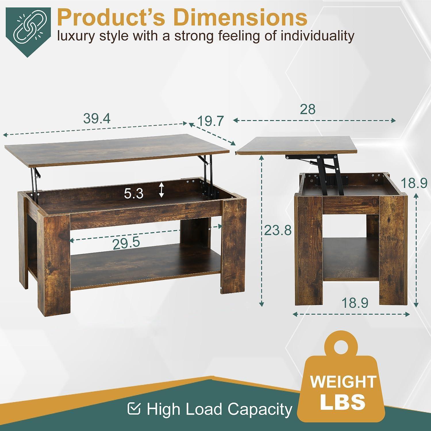 FDW Coffee Tables with Hidden Compartment and Storage Shelf Wooden Lift Tabletop Dining Table for Living Room Home (Brown)