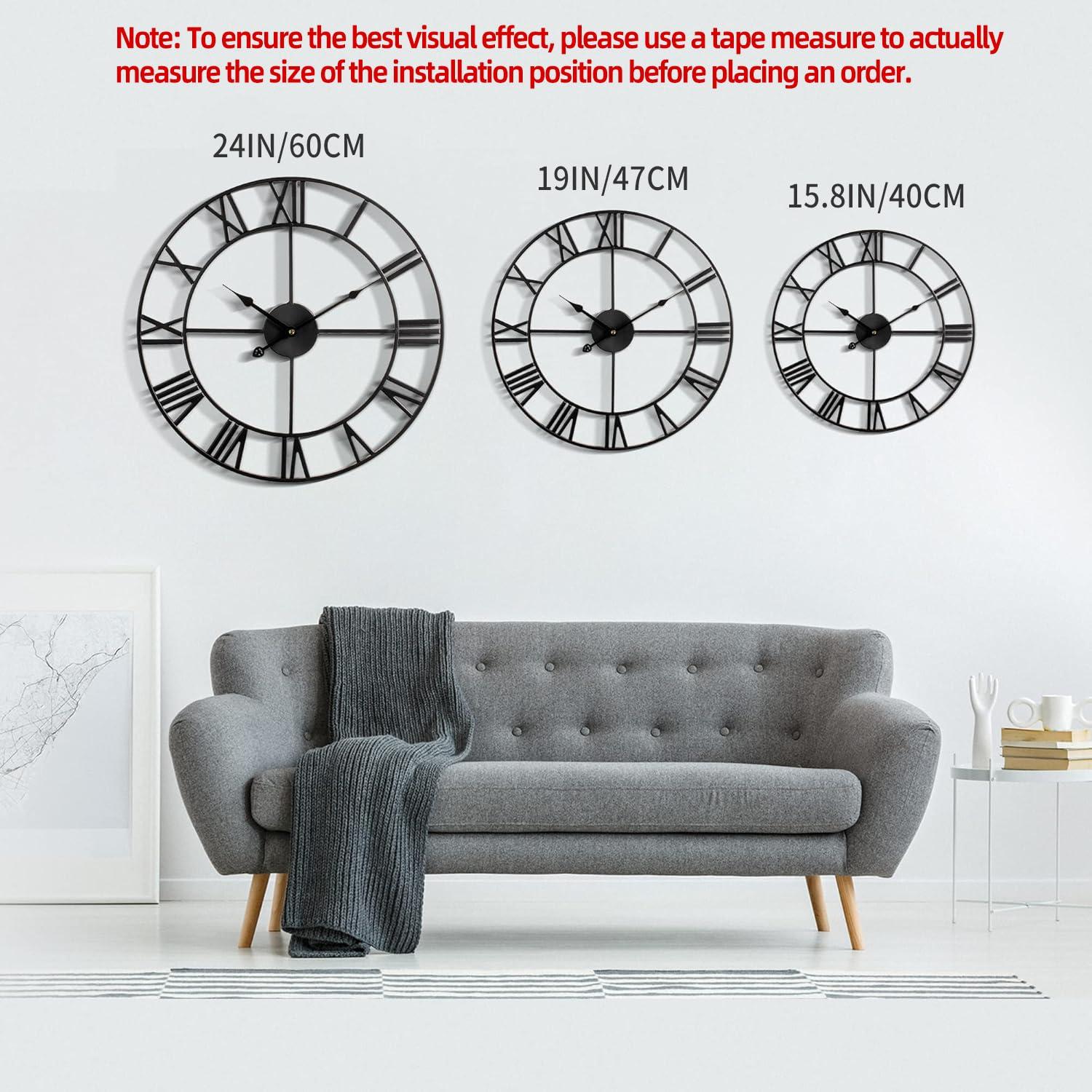 Large Vintage Round Metal Wall Clock Silent Non Ticking Battery Operated Black Roman Numerals Clocks For Living Room Bedroom Kitchen Decoration