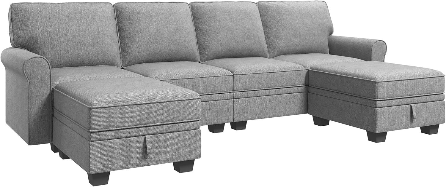 HONBAY Modern U-Shaped Sectional Couch Set with Storage Space and Storage Ottomans for Living Room, Light Grey