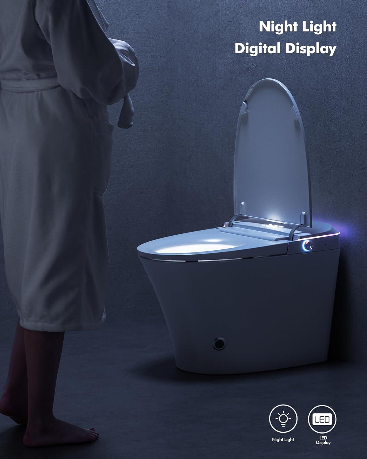 Smart Toilet with Built-in Bidet, Heated Seat, Auto Flush, Auto Open & Close Lid, Warm Water, Dryer, Foot Sensor, Nightlight, Wireless Remote Control