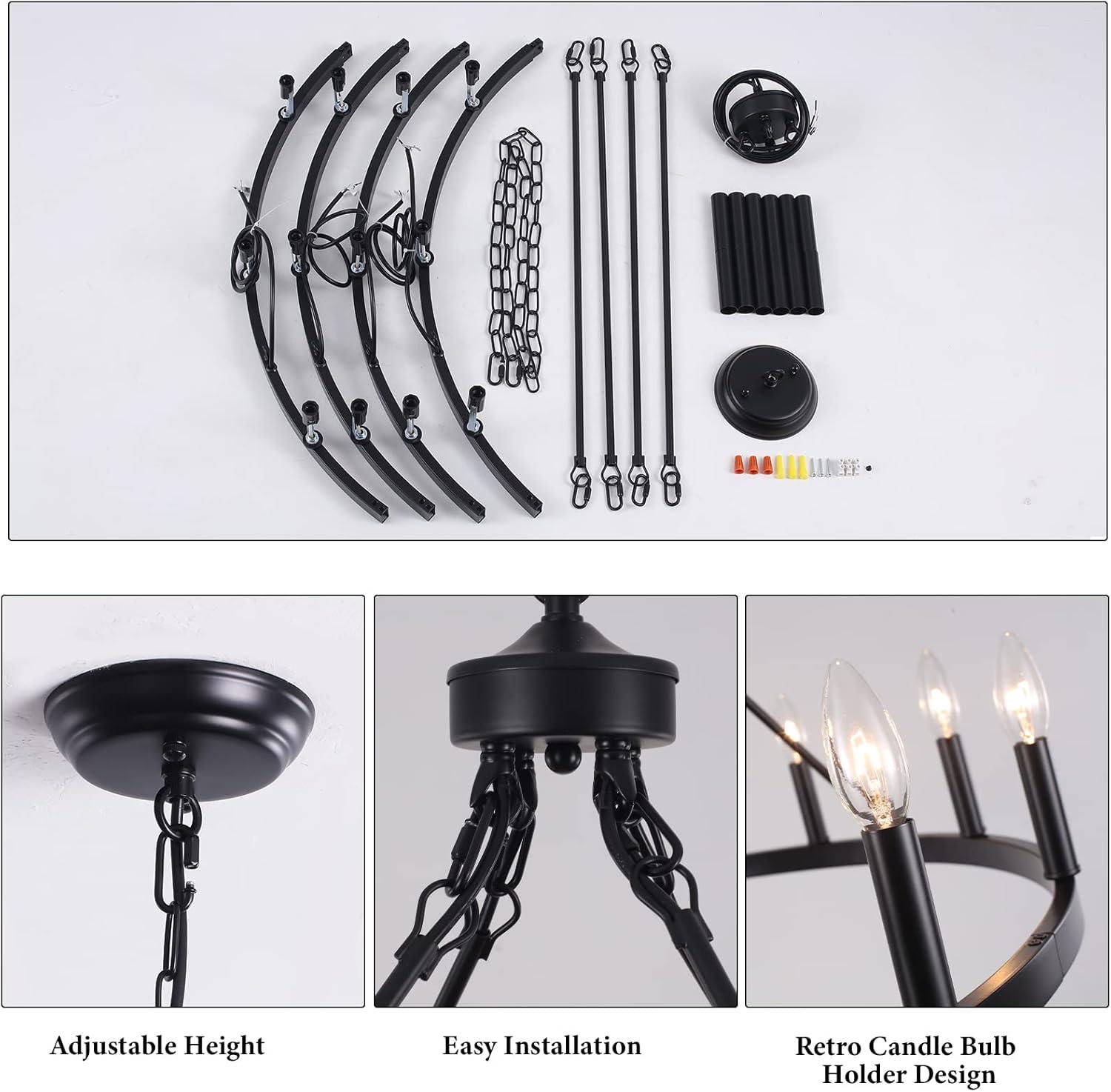12-Light Black Farmhouse Candle Design Circle Iron Wagon Wheel Chandelier for Dining Room with No Bulbs Included