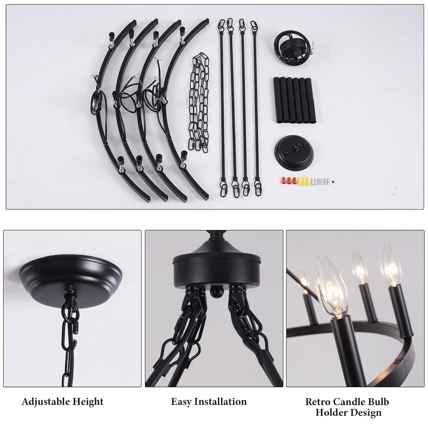 12-Light Black Farmhouse Candle Design Circle Iron Wagon Wheel Chandelier for Dining Room with No Bulbs Included