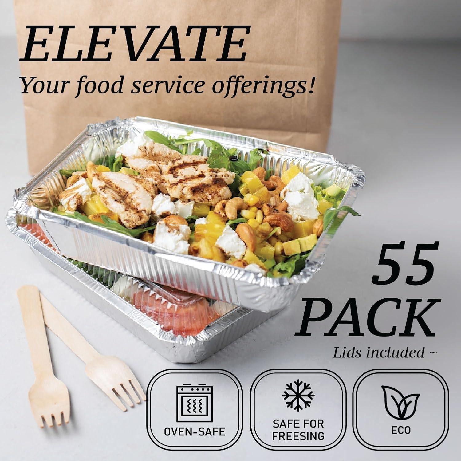 55 Pack Disposable Takeout Pans with Clear Lids - Aluminum Foil Freezer Containers - Ideal for Baking, Cooking, and Food Storage - Includes Plastic Lids|The 55-pack Disposable Takeout pans are made of