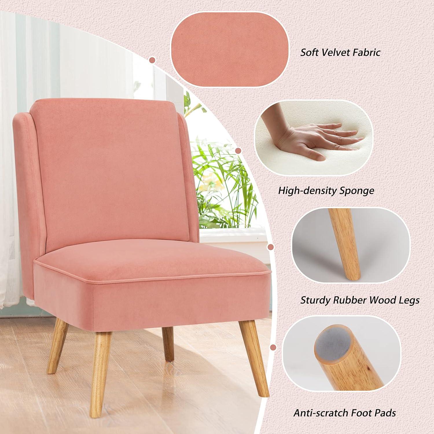 Kepooman Accent Chair, Modern Sofa Chair, Small Armless Wingback Club Chairs,Velvet Accent Armless Side Chair with Rubber Wood Legs for Bedroom-Pink