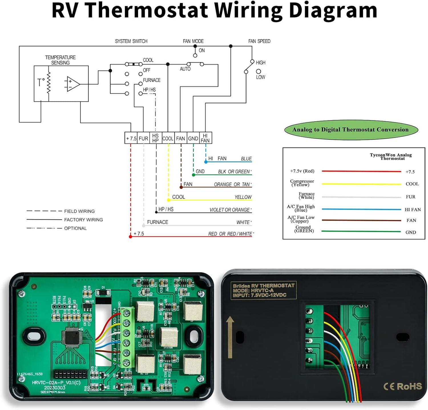 Black Digital RV Thermostat with LCD Screen