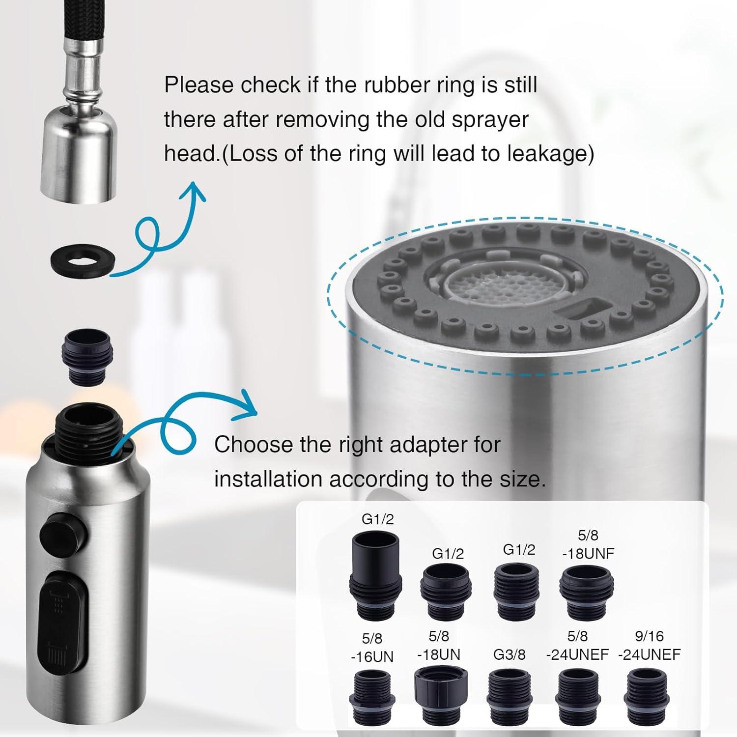 3 Functions Kitchen Faucet Spray Head Replacement with 9 Adapter Kits in Brushed Nickel