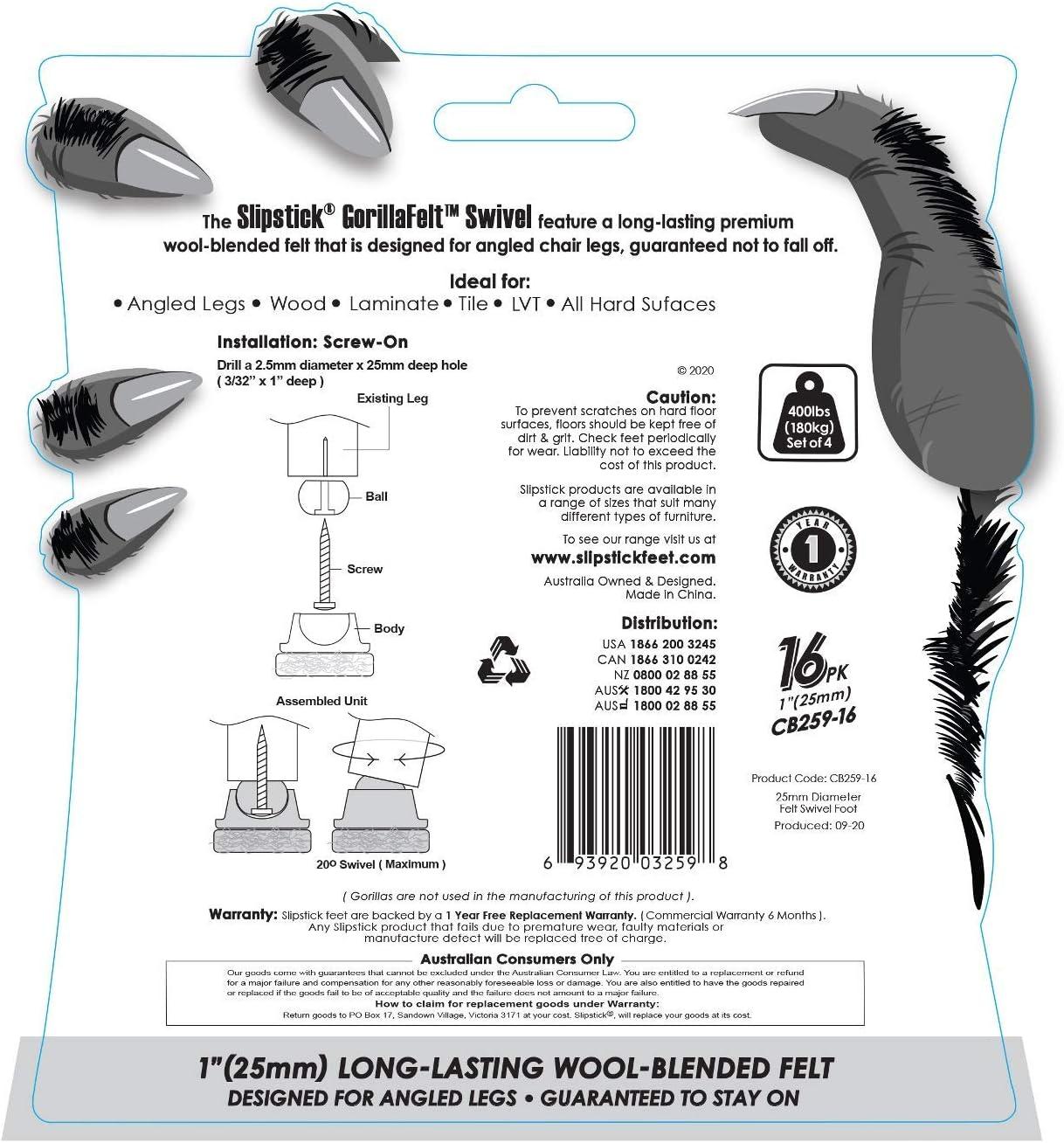 Slipstick Gorillafelt Cb259 Swivel Glide Felt Floor Protectors (16 Chair Glides) Screw On Felt Furniture Pads For Angled Chair Legs, 1 Inch Round Glides (Set of 16)