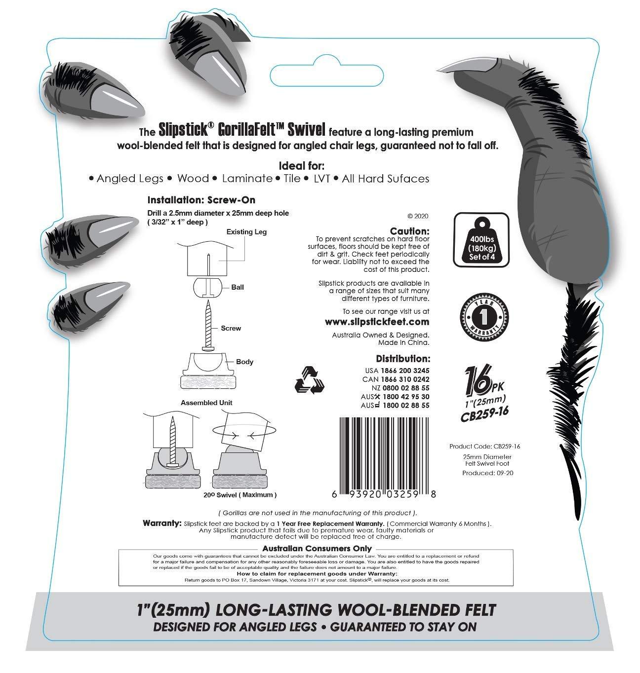 Slipstick Gorillafelt Cb259 Swivel Glide Felt Floor Protectors (16 Chair Glides) Screw On Felt Furniture Pads For Angled Chair Legs, 1 Inch Round Glides (Set of 16)