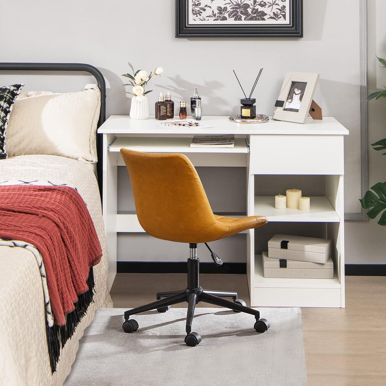 White Adjustable Height Wooden Computer Desk with Drawer and Keyboard Tray