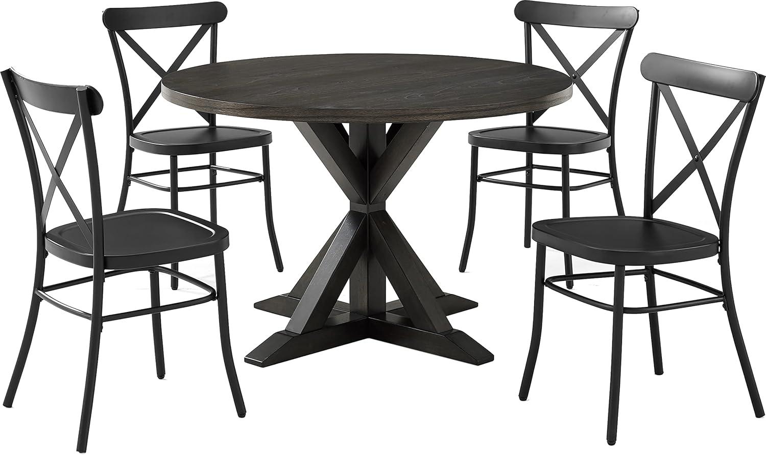 5pc Hayden Round Dining Set with Camille Chairs Matte Black/Slate - Crosley: Rubberwood Frame, Non-Extension Table, Farmhouse Style