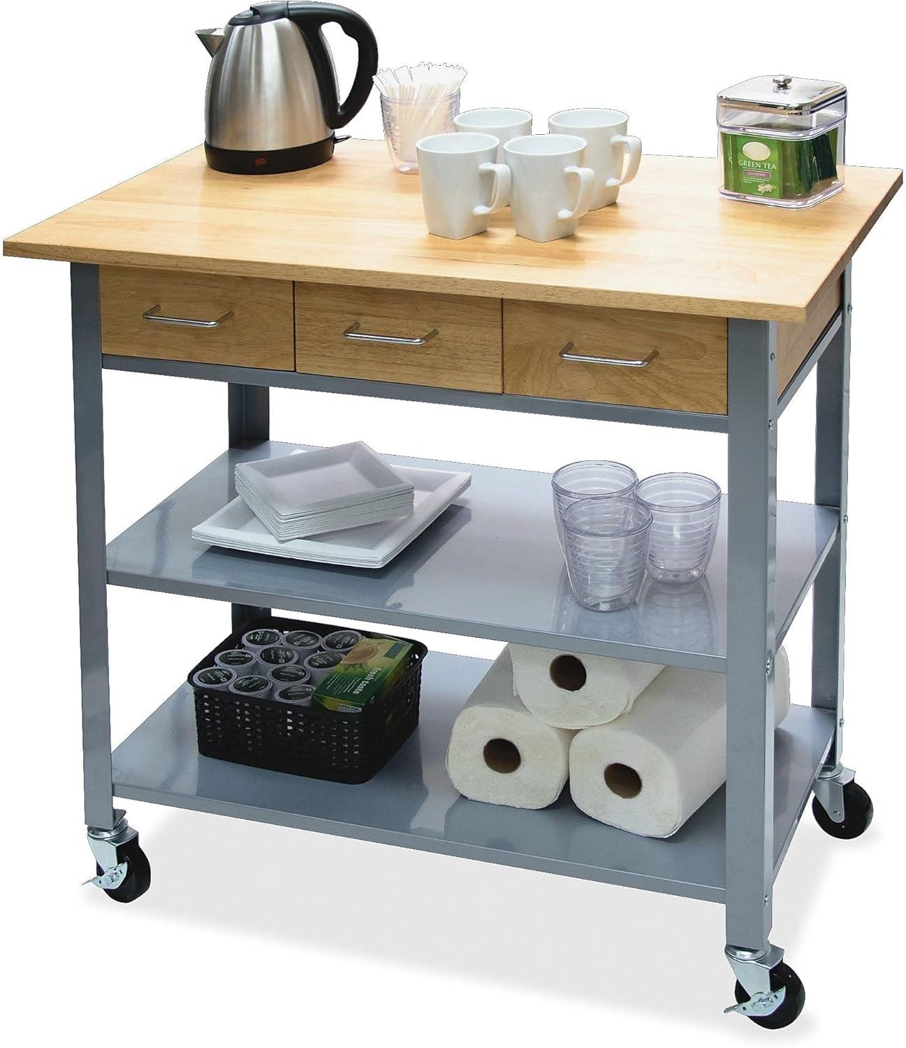 Vertiflex VF53039 3 Shelves 3 Drawers 35.5 in. x 19.75 in. x 34.25 in. Wood Countertop Serving Cart - Oak/Gray