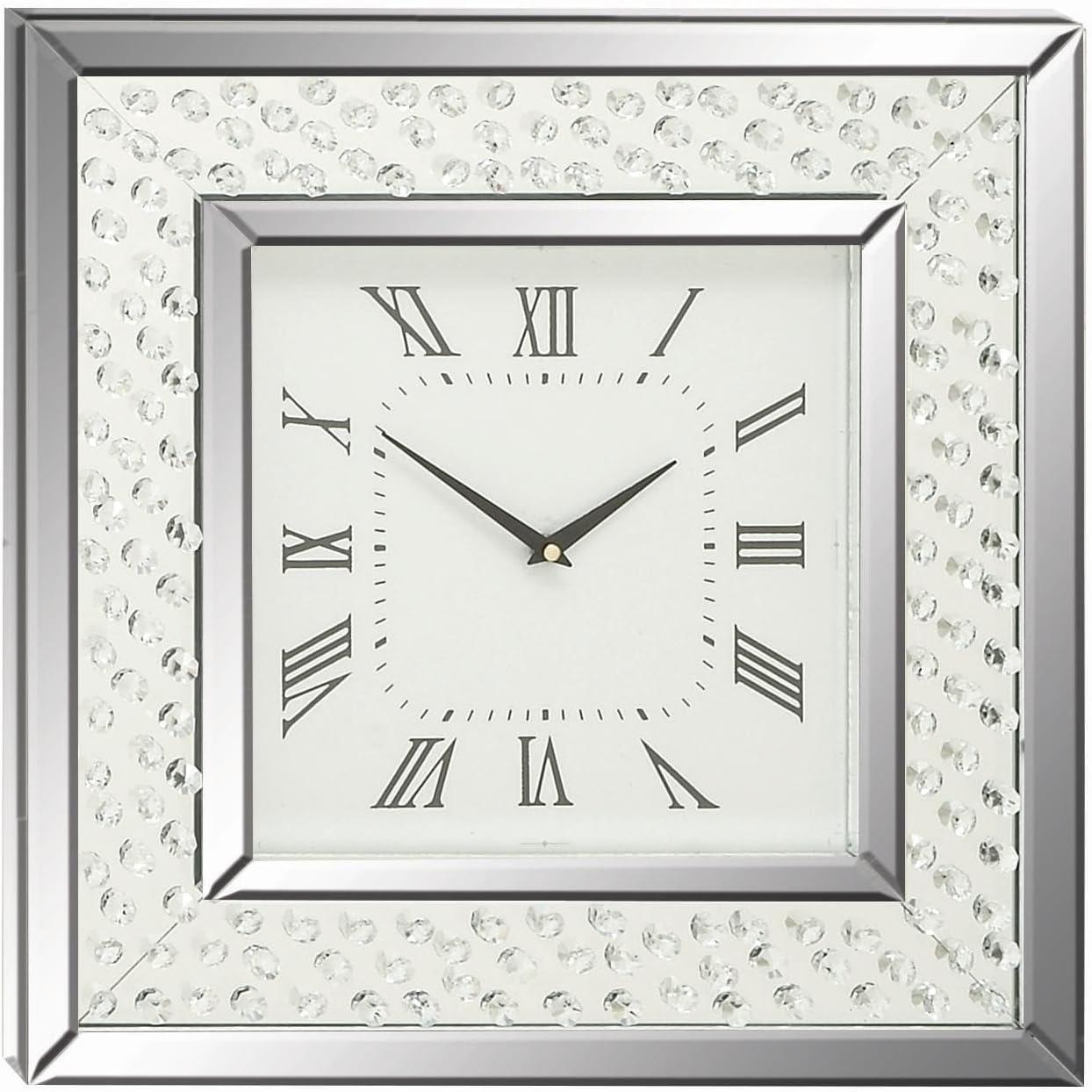 Wood Mirrored Wall Clock with Floating Crystals Silver - Olivia & May: Silent, Art Deco Style, Square Shape