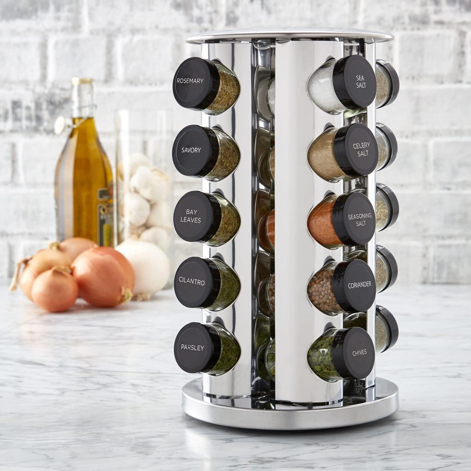 Polished Stainless Steel Revolving 20-Jar Countertop Spice Rack