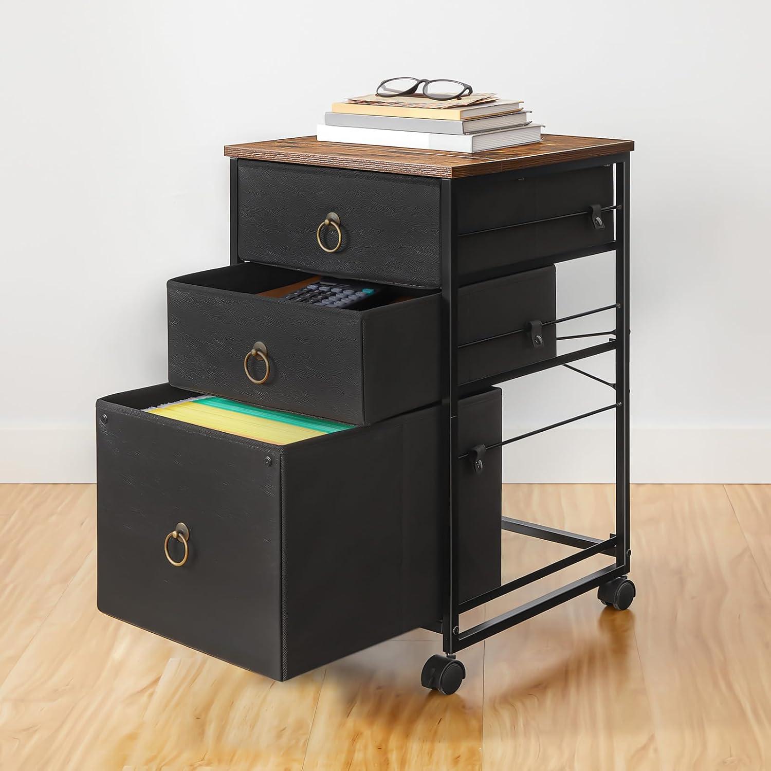 Rustic Brown and Black 3-Drawer Mobile Lockable Filing Cabinet