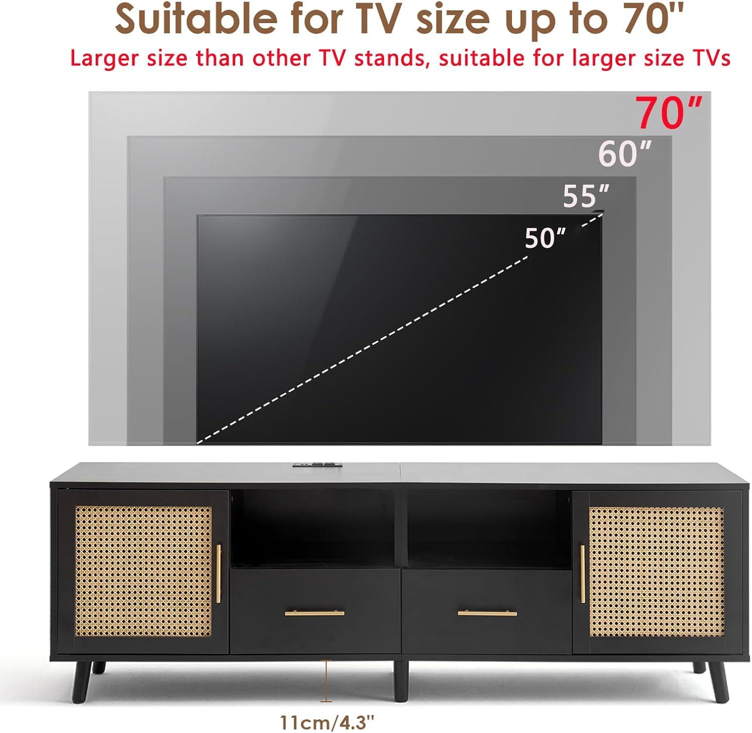 Bay Isle Home™ Heyer Large Wood Rattan TV Stand for TVs up to 75" with LED Light and Charging Station, Coastal Media Console Table, Multimedia Storage Furniture with 2 Drawers, Lighting TV Cabinet