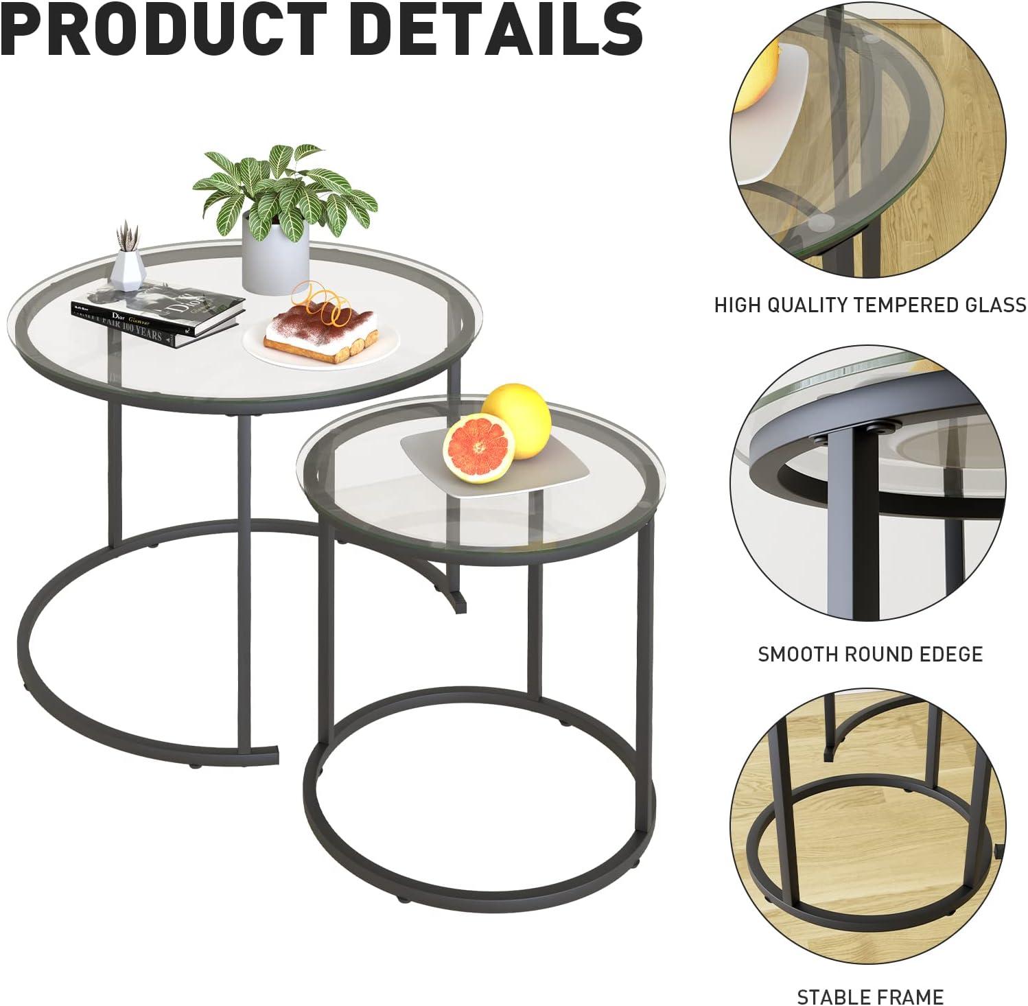Nesting Coffee Table Set of 2,Modern Black Tempered Glass Side Table, Metal Frame Round End Table.Small Glass Tea Table for Living Room,Bedroom Studio Apartment Essentials，17.7IN