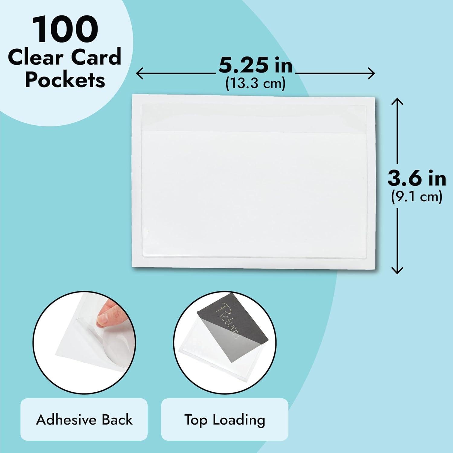 Juvale 100 Pack Clear Pockets Sleeves for Index Cards 3x5, Bulk Self-Adhesive Top Load Label, Plastic Holder Protectors for Office Storage Supplies
