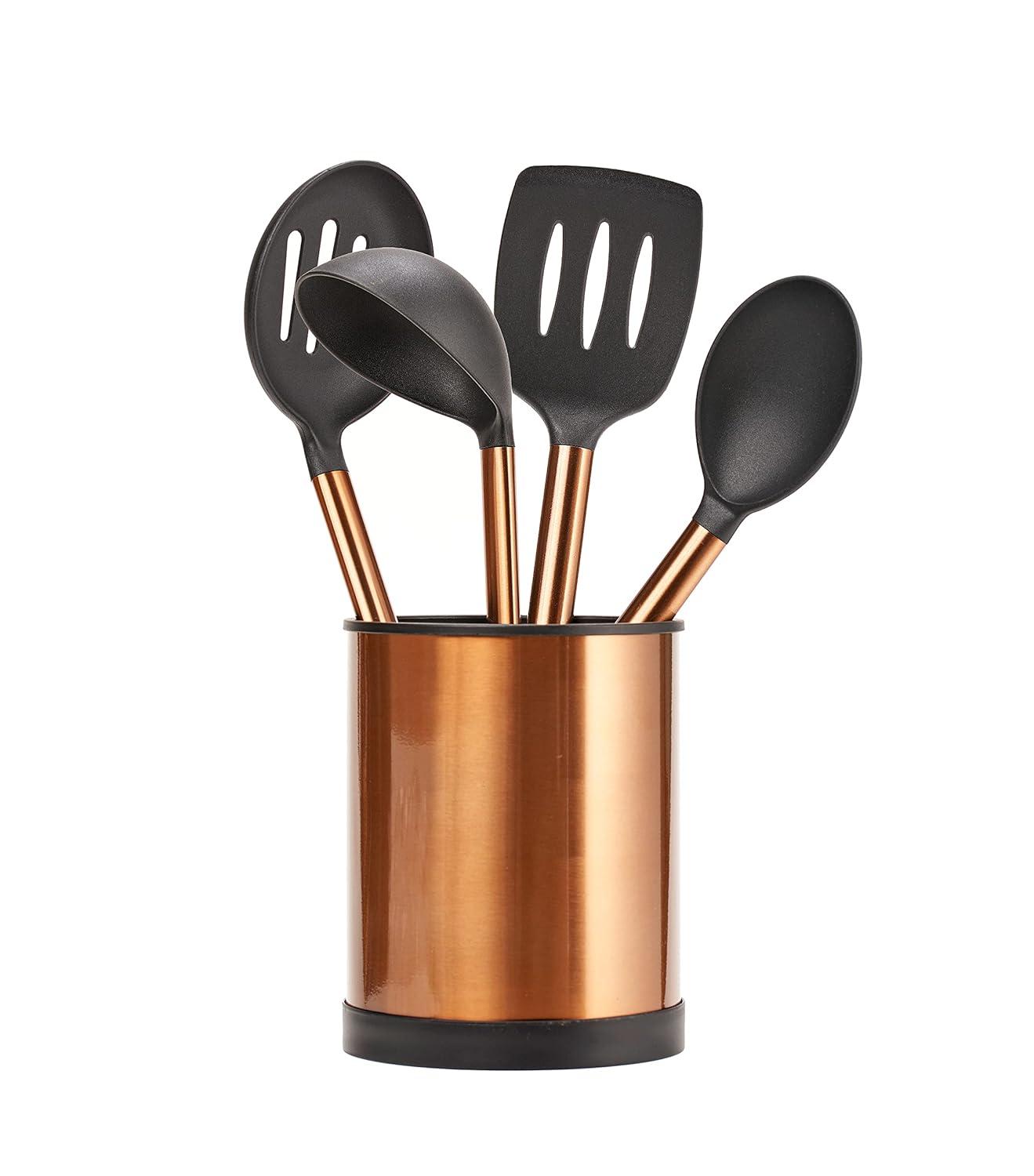 Servappetit 5 Pc Cooking Utensil Set - Slotted Spatula, Oval Spoon, Round Spoon with Holder - Heat Resistant, Non-Stick - Copper