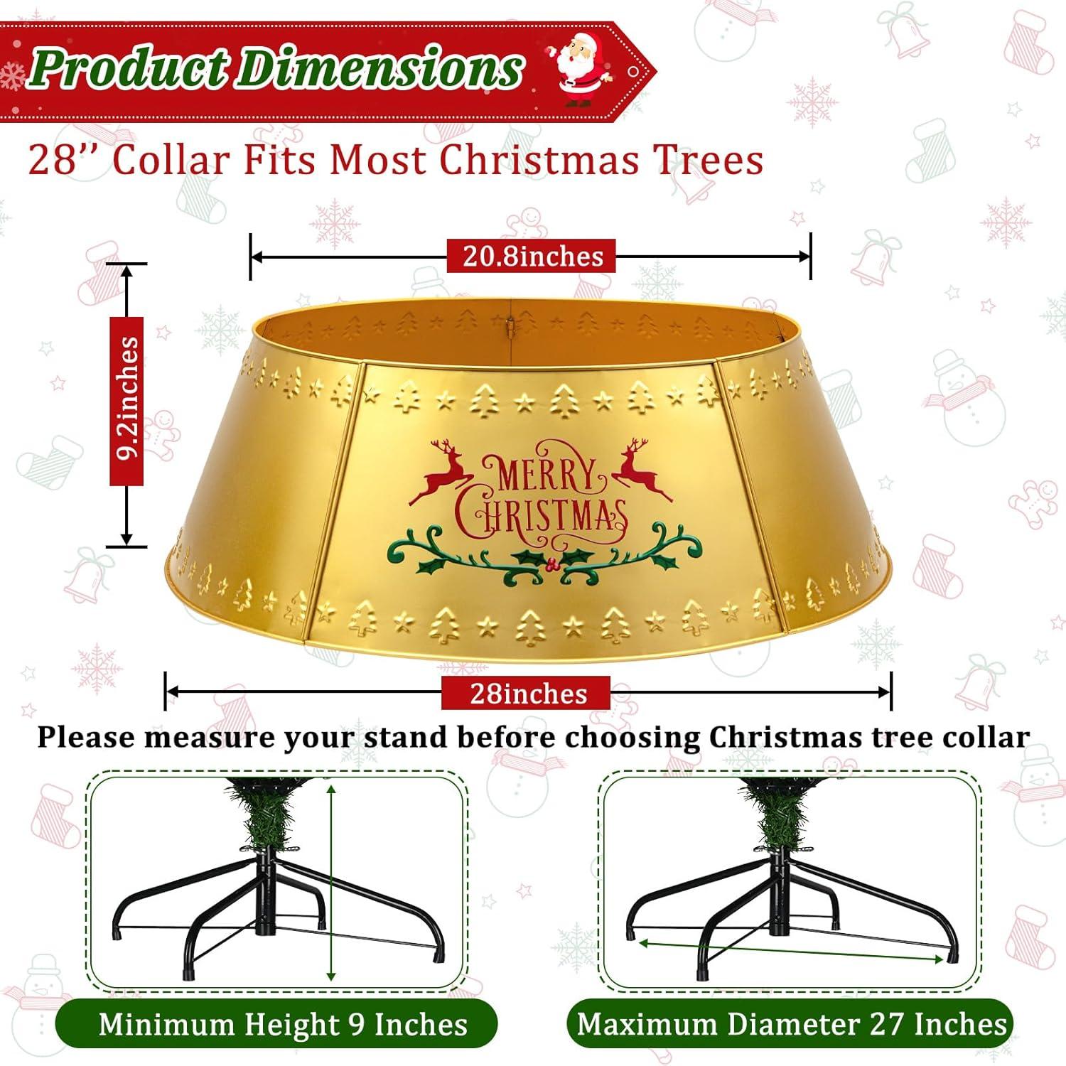 Nordic Hygge 28’’ Christmas Tree Collar, Gold Tree Skirt for Christmas Tree Decor, Christmas Tree Base Cover with Printed Patterns, Metal Tree Collar for Pencil Tree of Living Room