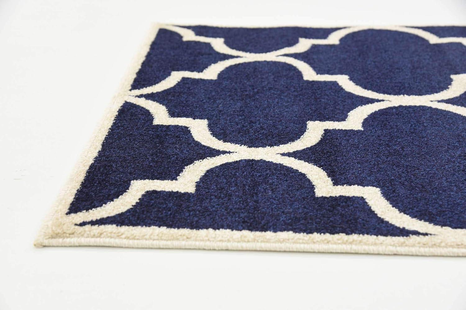 Navy Blue and Beige Trellis Synthetic Runner Rug