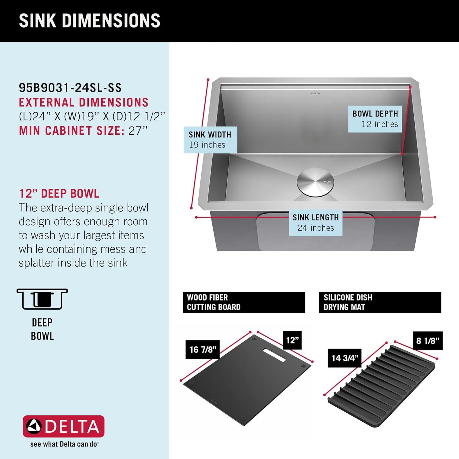 Delta 95B9031-24Sl Rivet 24” Workstation Laundry Utility Kitchen Sink Undermount 16 Gauge