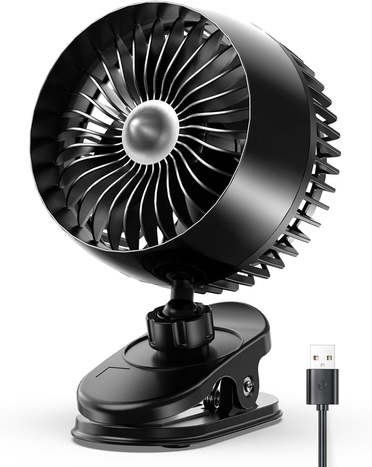 USB Clip on Fan, Strong Wind Ultra Quiet Small Desk Fan with Strong Clamp, More Than 360° Adjustable, 3 Speeds USB-C Corded Powered, Mini Personal Fan for Home Office Desktop Black