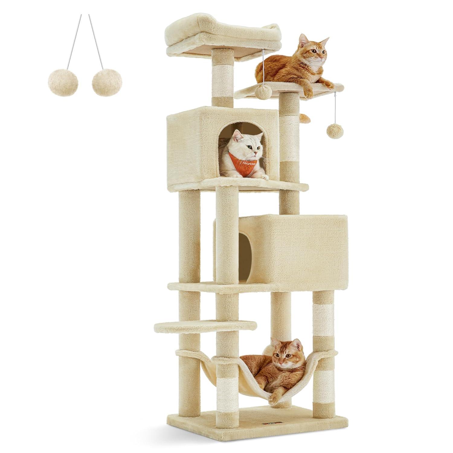 Feandrea Cat Tree, 61-Inch Cat Tower for Indoor Cats, Plush Multi-Level Cat Condo with 5 Scratching Posts, 2 Perches, 2 Caves, Hammock, 2 Pompoms, Jelly Pink UPCT192P01