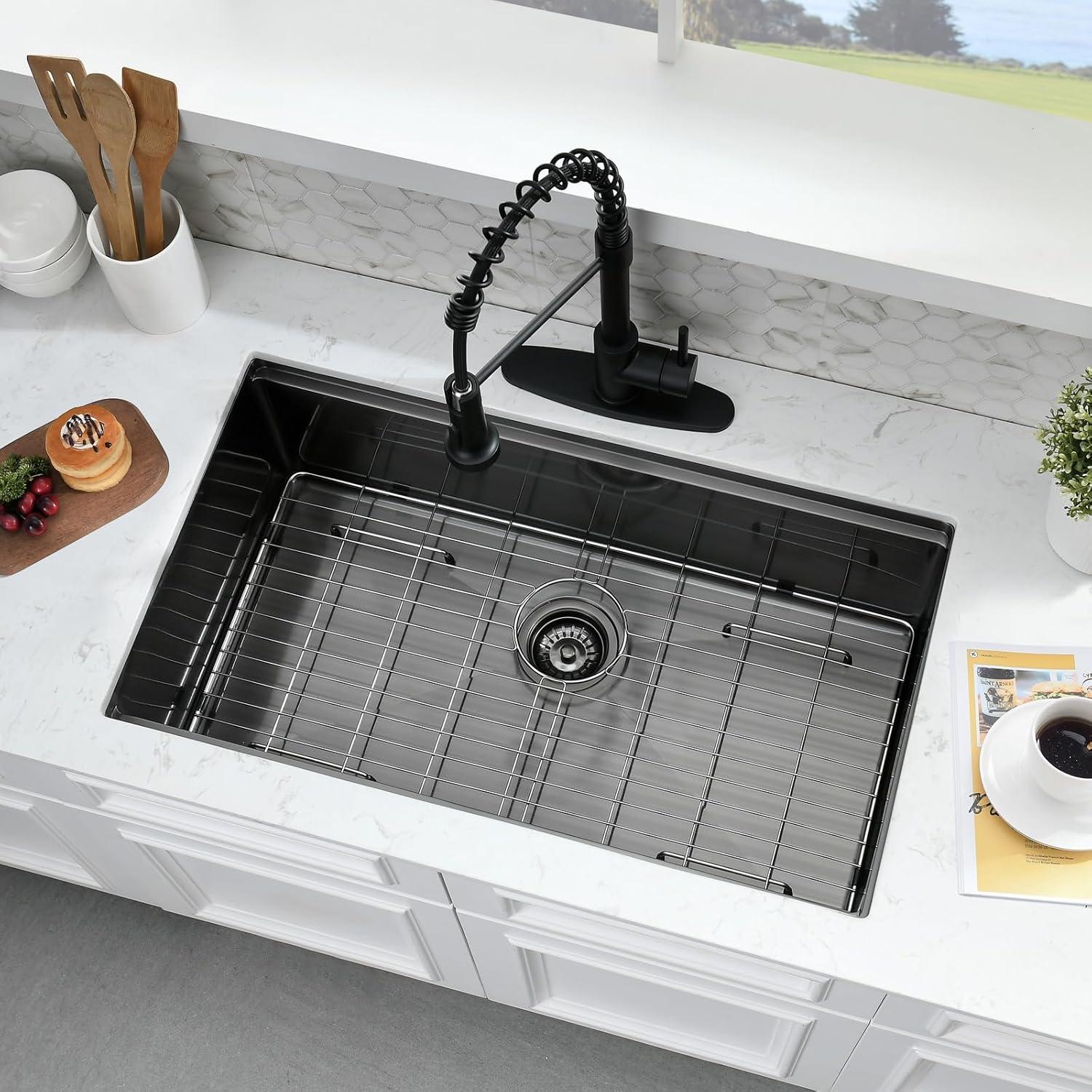 28 Inch Undermount Kitchen Sink Black - 16 Gauge Black Satainless Steel Kitchen Sink Undermount 28x18,10 Inch Deep Single Bowl Workstation Sinks with Accessories