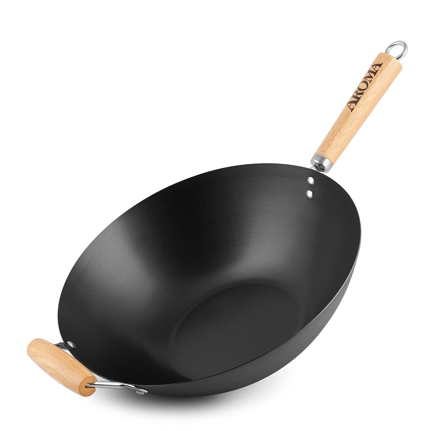 Aroma Housewares 14" Heavy Duty Carbon Steel Cookware (ANW-102) Non-Stick Wok, black