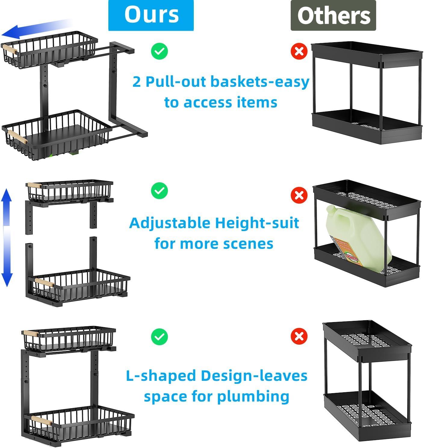 DELAMU 2 Pack Under Sink Organizers and Storage, Pull Out Trash Can Under Cabinet, 2 Tier Bin Organizer with Hooks and Haning Cups, Multi-Purpose Sliding Under Cabinet Organizer