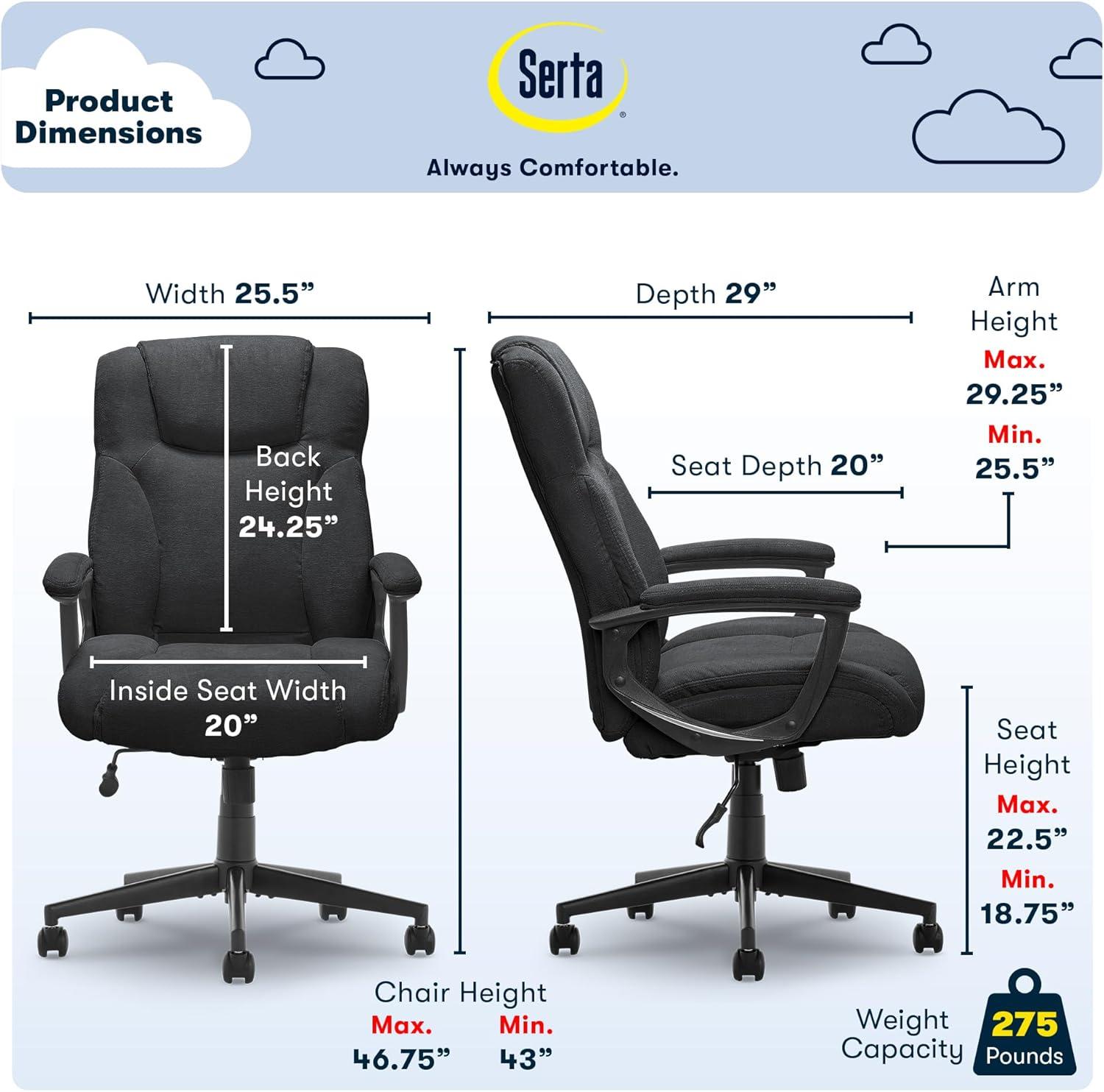 Style Hannah II Office Chair Midnight Black - Serta: Executive, Microfiber, 400 lbs Capacity