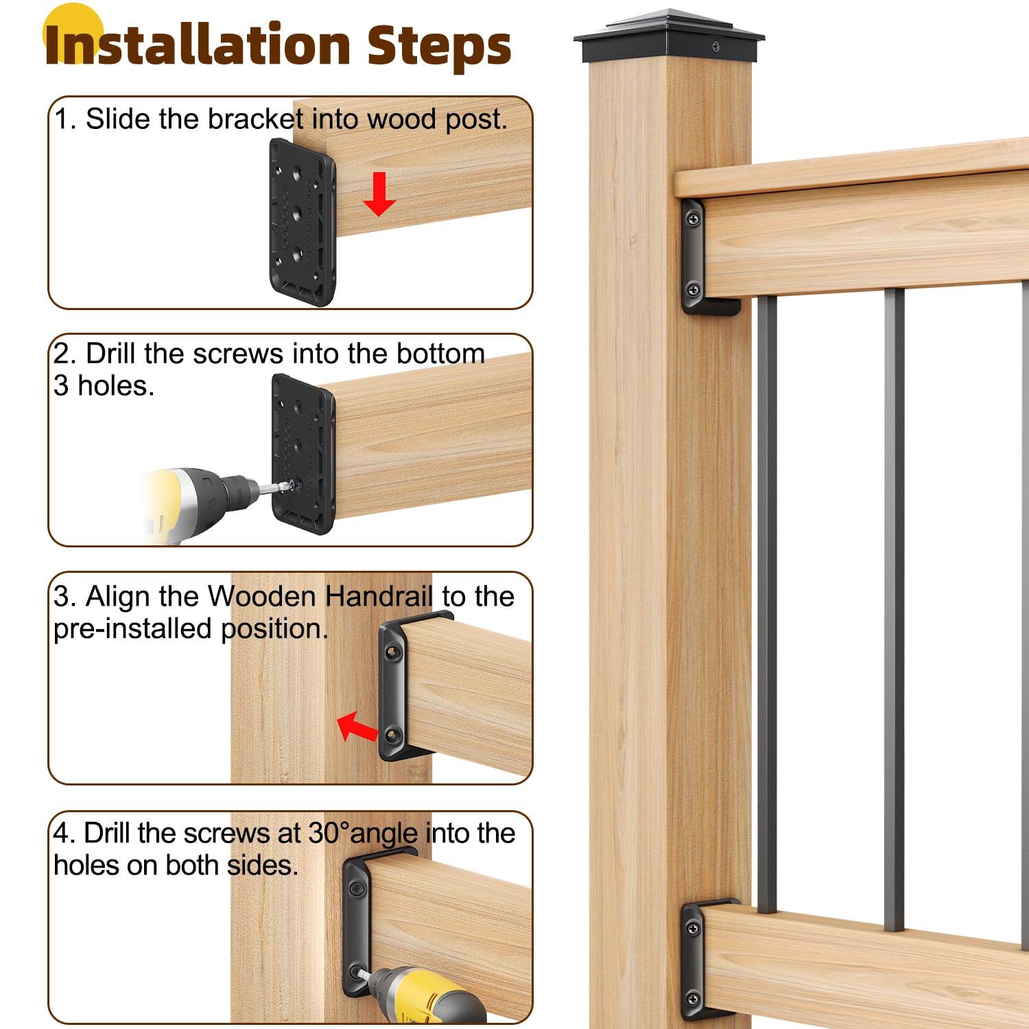 30 Pcs Deck Railing Bracket Connectors for 2"×4“ (Actually 1.5”x3.5“) Wood Post to Handrail Connection, Railing Connectors with 210 Pcs Galvanized Black Screws for Wooden Stair Fence Railings