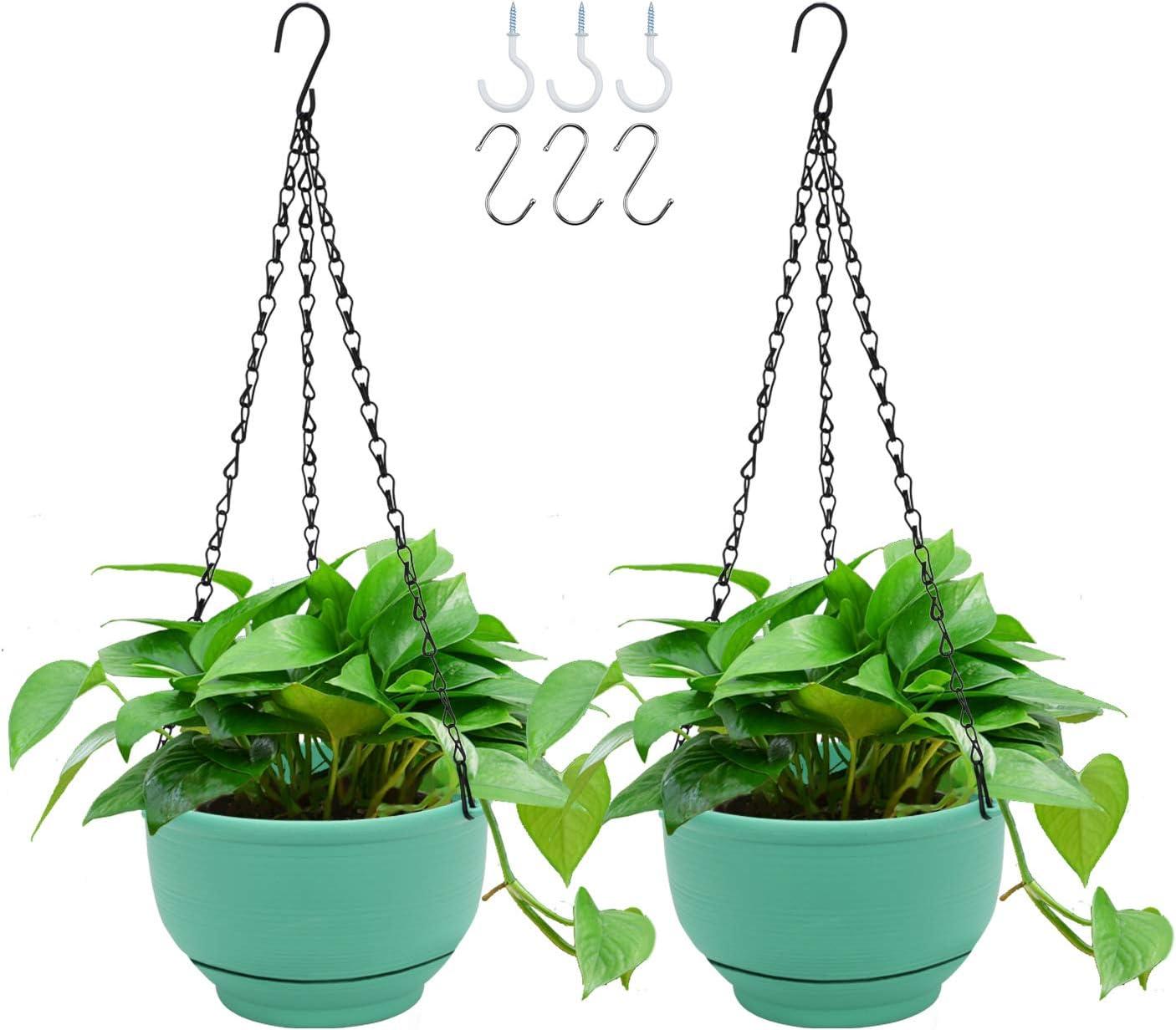 8 Inch Green Plastic Self-Watering Hanging Planter Set