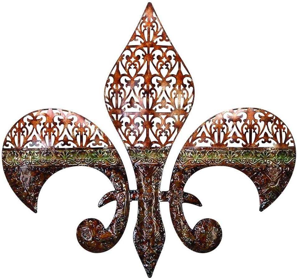 DecMode Brown Wood Arabesque Scroll Wall Decor with Metal Fleur De Lis Relief