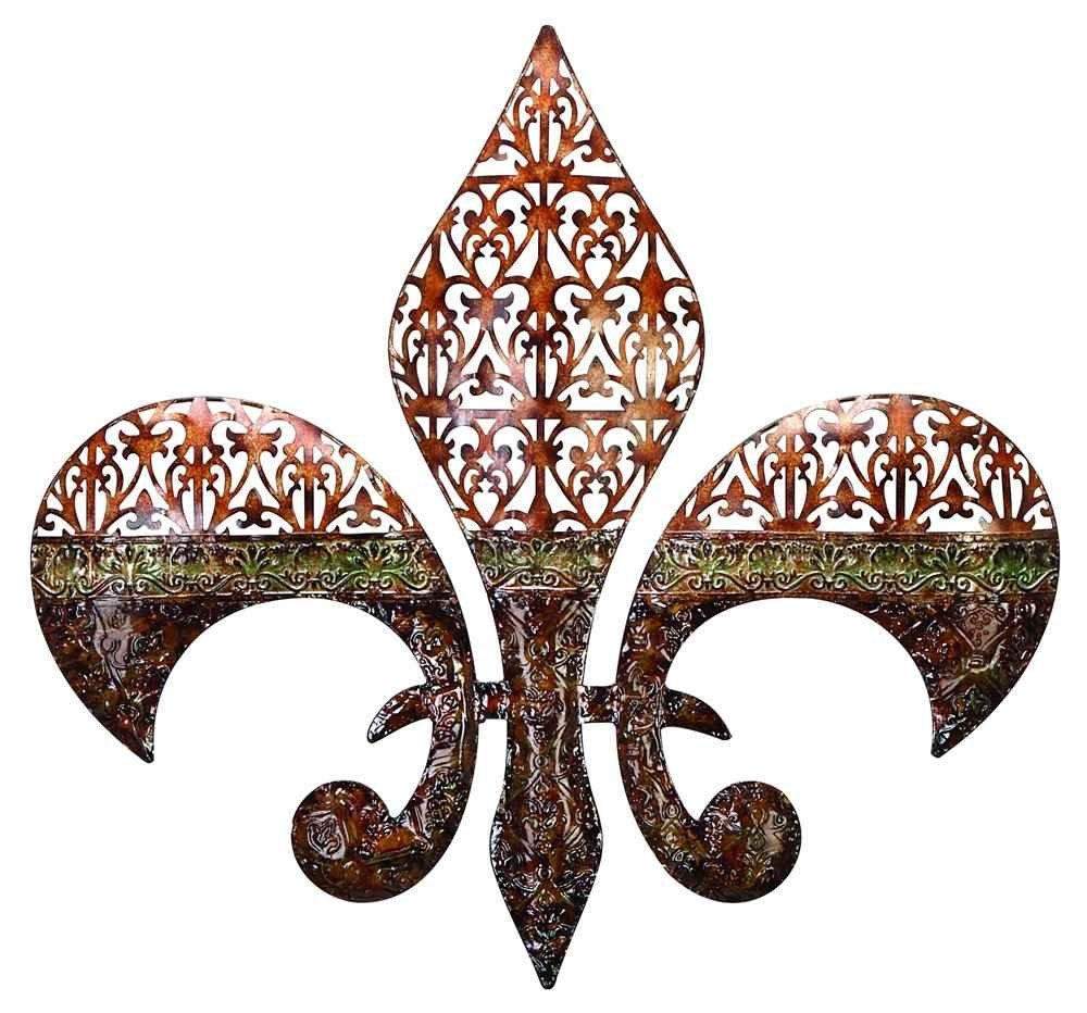 DecMode Brown Wood Arabesque Scroll Wall Decor with Metal Fleur De Lis Relief
